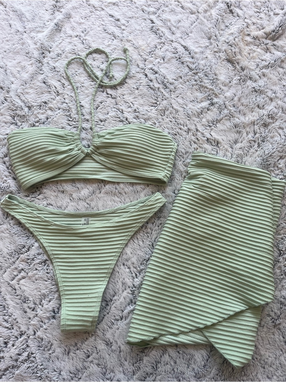 Light Green Ribbed Bikini Set with Wrap Skirt - Women Intimates & Swim